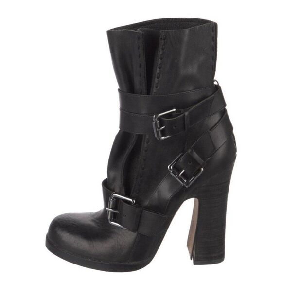 jean michel cazabat boots Genuine Leather Solid Black Moto Heeled Boots Booties - Picture 1 of 9